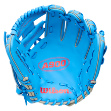 Bright blue Wilson A900 11.25″ Baseball Glove: WBG03901RT1125 with grey lacing and embossed branding.