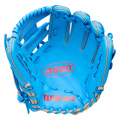 Bright blue Wilson A900 11.25″ Baseball Glove: WBG03901RT1125 with grey lacing and embossed branding.