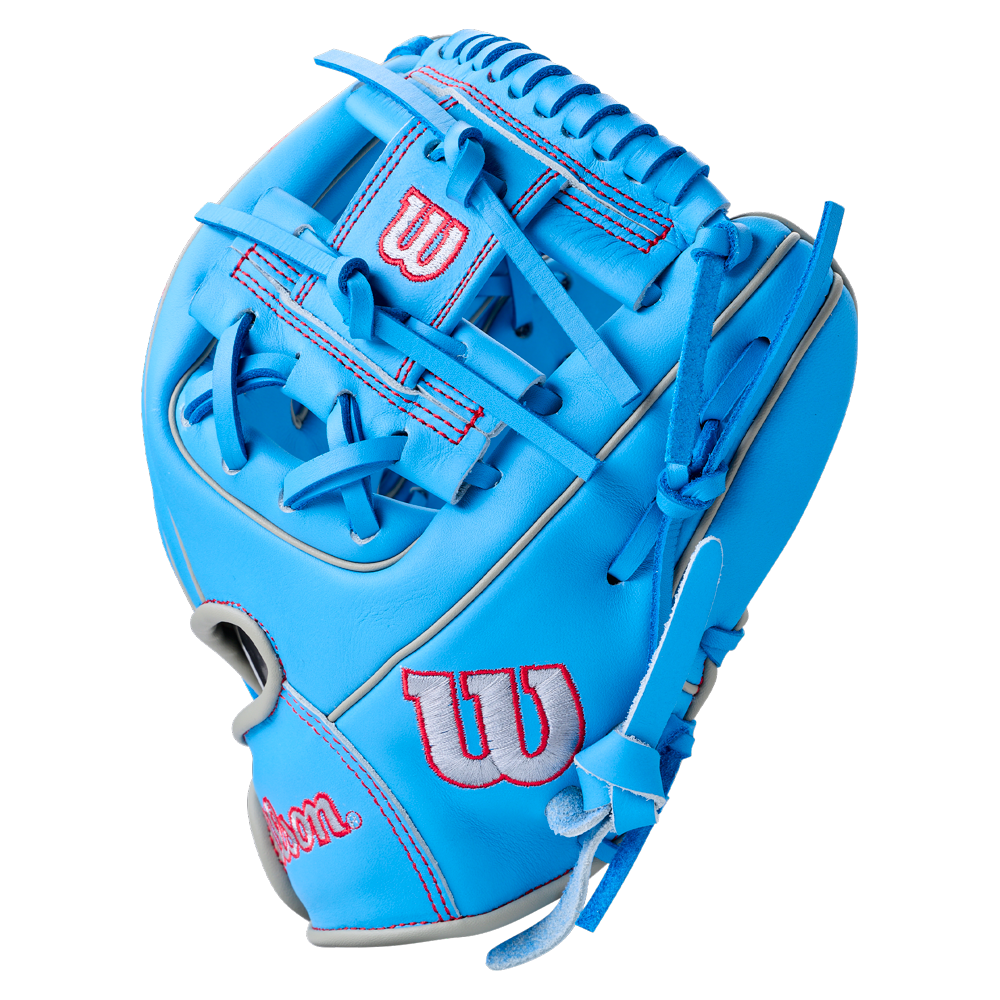 Bright blue Wilson A900 11.25″ Baseball Glove: WBG03901RT1125 with red logos and stitching.