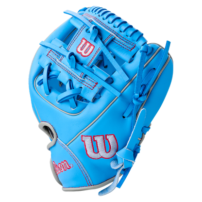 Bright blue Wilson A900 11.25″ Baseball Glove: WBG03901RT1125 with red logos and stitching.