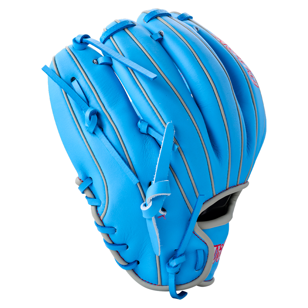 Bright blue Wilson A900 11.25″ Baseball Glove: WBG03901RT1125 with grey piping and lacing.