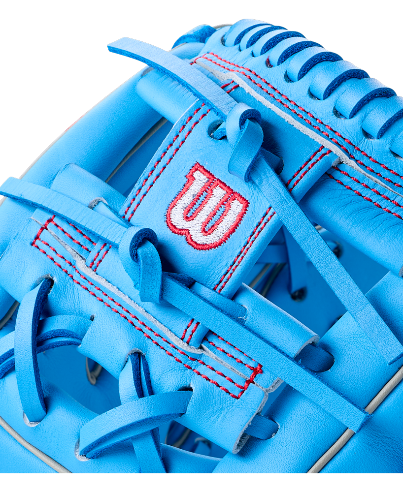 Close-up of a light blue Wilson A900 11.25″ Baseball Glove: WBG03901RT1125 with red stitching and a red logo on the palm web.