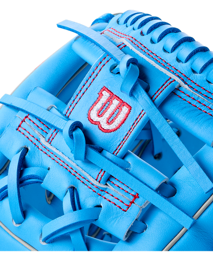 Close-up of a light blue Wilson A900 11.25″ Baseball Glove: WBG03901RT1125 with red stitching and a red logo on the palm web.