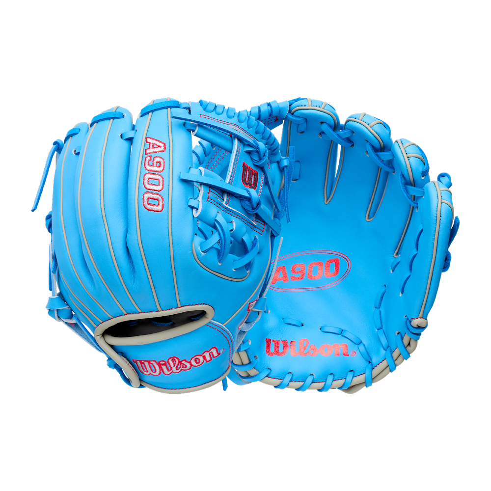 Wilson A900 11.25″ Baseball Glove: WBG03901RT1125 in light blue with red embroidery and grey lacing.