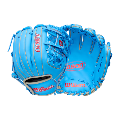 Wilson A900 11.25″ Baseball Glove: WBG03901RT1125 in light blue with red embroidery and grey lacing.