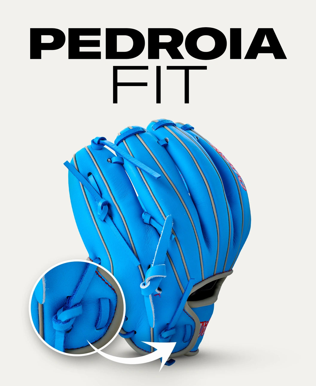 Bright blue Wilson A900 11.25″ Baseball Glove: WBG03901RT1125 with a circular inset highlighting the wrist strap detail, captioned PEDROIA FIT.