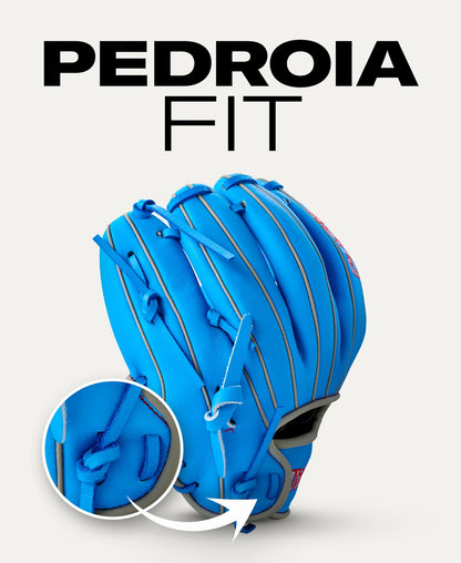 Bright blue Wilson A900 11.25″ Baseball Glove: WBG03901RT1125 with a circular inset highlighting the wrist strap detail, captioned PEDROIA FIT.