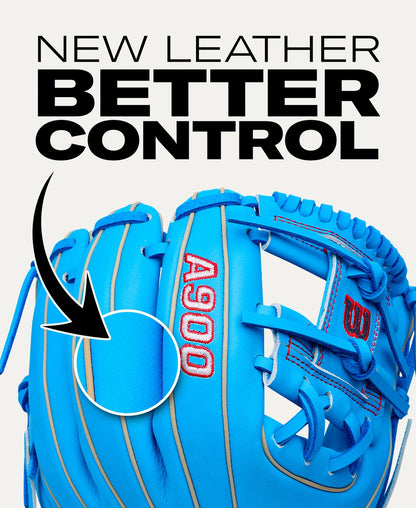 Bright blue Wilson A900 11.25″ Baseball Glove: WBG03901RT1125 with red stitching and text reading NEW LEATHER BETTER CONTROL, featuring an arrow pointing to the pocket of the glove.
