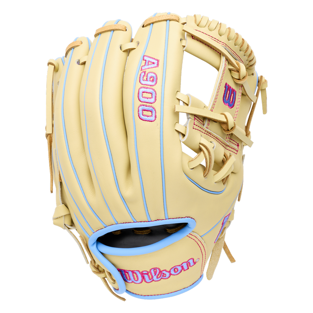 Wilson A900 11.5″ Baseball Glove: WBG04002RT115 in tan with light blue piping, pink lettering, and leather lacing.