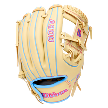 Wilson A900 11.5″ Baseball Glove: WBG04002RT115 in tan with light blue piping, pink lettering, and leather lacing.