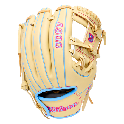 Wilson A900 11.5″ Baseball Glove: WBG04002RT115 in tan with light blue piping, pink lettering, and leather lacing.