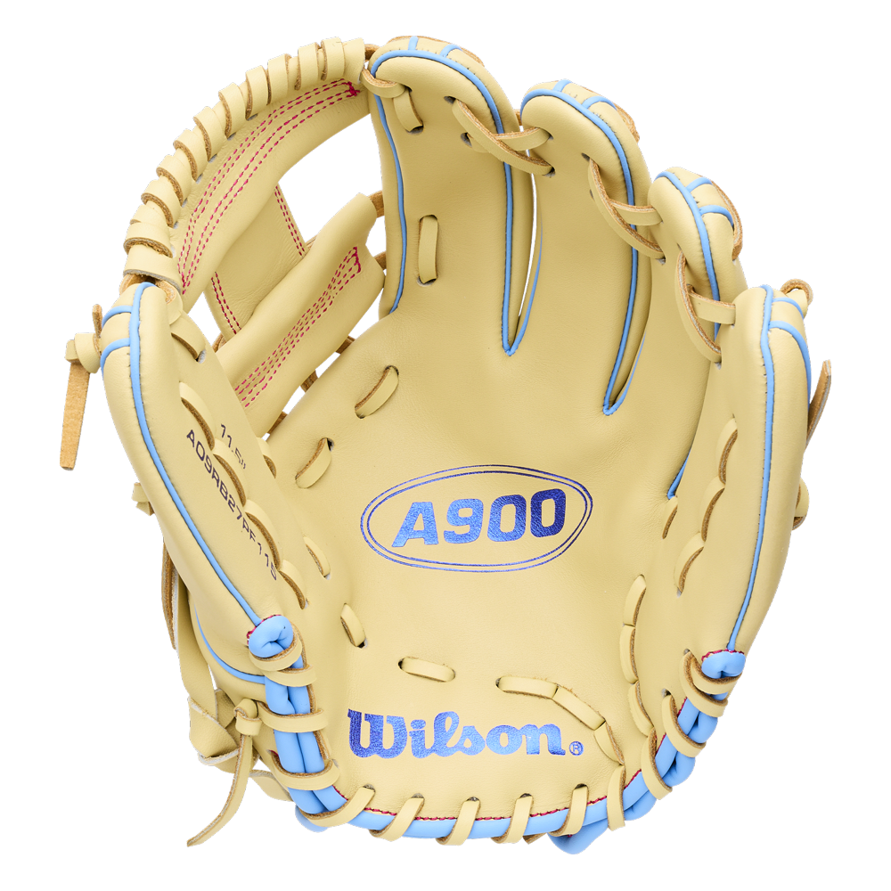 Wilson A900 11.5″ Baseball Glove: WBG04002RT115 tan infield glove with blue lacing and detailing.