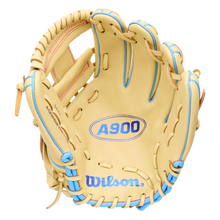 Wilson A900 11.5″ Baseball Glove: WBG04002RT115 tan infield glove with blue lacing and detailing.