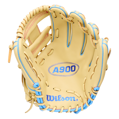 Wilson A900 11.5″ Baseball Glove: WBG04002RT115 tan infield glove with blue lacing and detailing.