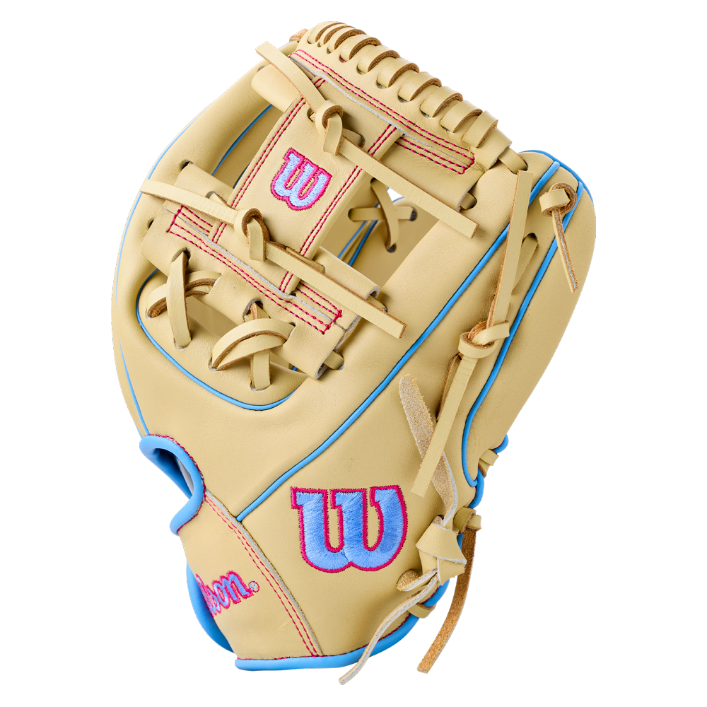 Wilson A900 11.5″ Baseball Glove: WBG04002RT115 infield glove featuring blue piping, pink and blue logos, and pink stitching.