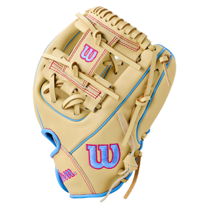 Wilson A900 11.5″ Baseball Glove: WBG04002RT115 infield glove featuring blue piping, pink and blue logos, and pink stitching.