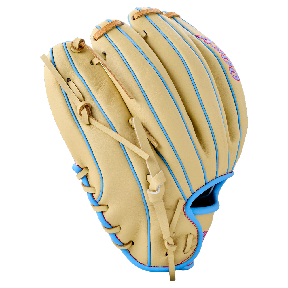 Tan Wilson A900 11.5″ Baseball Glove: WBG04002RT115 with light blue piping and lacing.