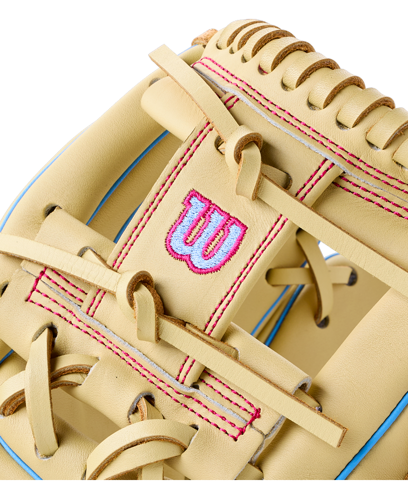 Close-up of a tan Wilson A900 11.5″ Baseball Glove: WBG04002RT115, featuring pink stitching and a pink embroidered logo.