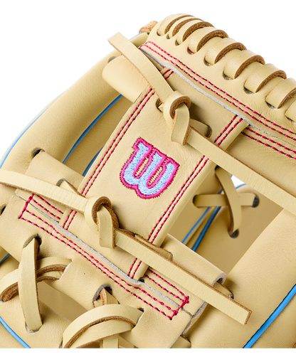 Close-up of a tan Wilson A900 11.5″ Baseball Glove: WBG04002RT115, featuring pink stitching and a pink embroidered logo.