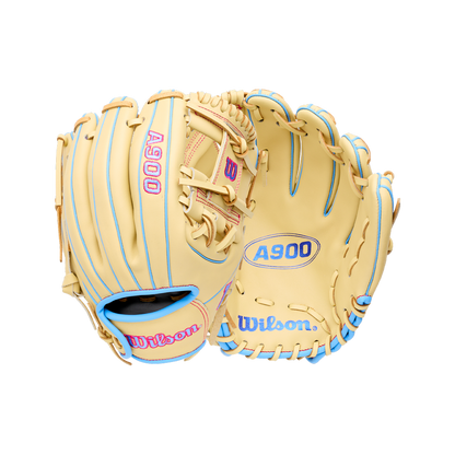 Wilson A900 11.5″ Baseball Glove: WBG04002RT115 in tan with blue lacing and pink accents, showing both the back and palm views.