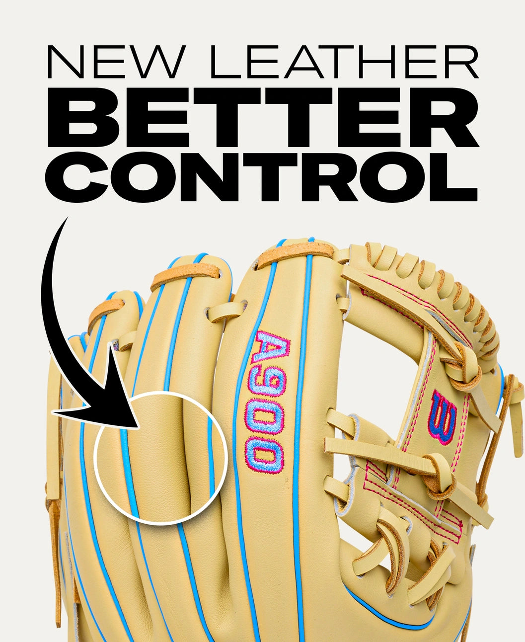 Tan Wilson A900 11.5″ Baseball Glove: WBG04002RT115 with blue piping, pink embroidery, and a callout arrow pointing to the leather, with the text NEW LEATHER BETTER CONTROL above.