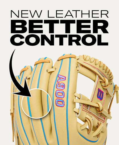 Tan Wilson A900 11.5″ Baseball Glove: WBG04002RT115 with blue piping, pink embroidery, and a callout arrow pointing to the leather, with the text NEW LEATHER BETTER CONTROL above.
