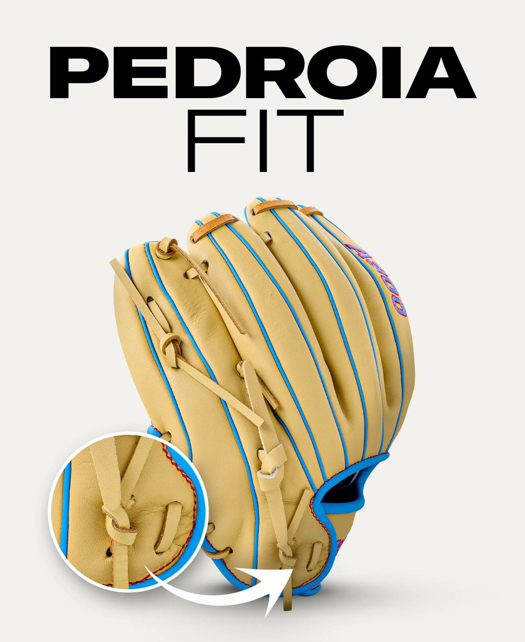 Tan Wilson A900 11.5″ Baseball Glove: WBG04002RT115 with blue piping, featuring an inset detail of the lacing and the text PEDROIA FIT above.
