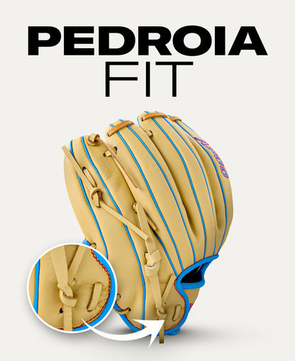 Tan Wilson A900 11.5″ Baseball Glove: WBG04002RT115 with blue piping, featuring an inset detail of the lacing and the text PEDROIA FIT above.