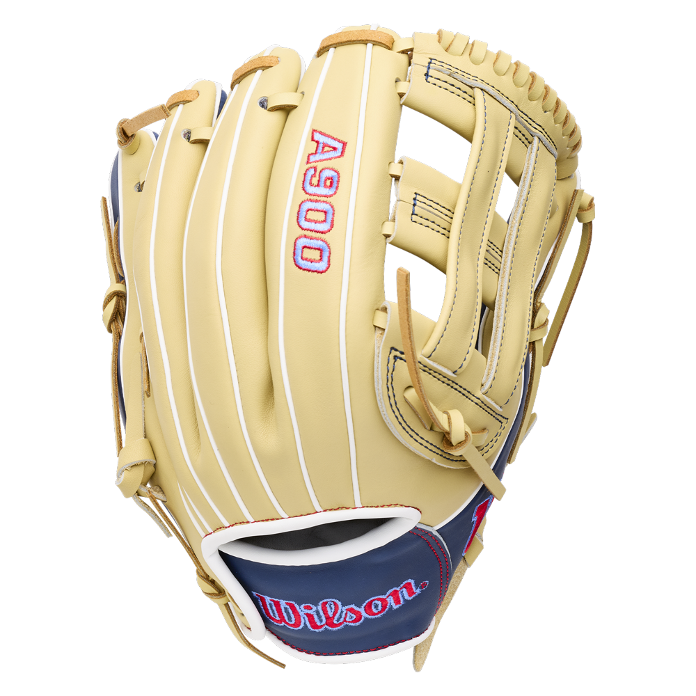 Tan and navy Wilson A900 12″ Baseball Glove: WBG04101RT12, featuring a Pedroia Fit, full grain leather construction, and red lettering on the palm and wrist strap.