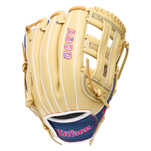 Tan and navy Wilson A900 12″ Baseball Glove: WBG04101RT12, featuring a Pedroia Fit, full grain leather construction, and red lettering on the palm and wrist strap.