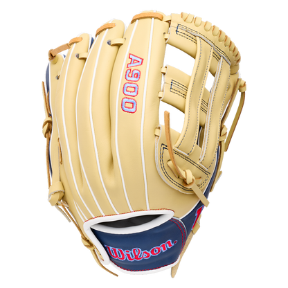 Tan and navy Wilson A900 12″ Baseball Glove: WBG04101RT12, featuring a Pedroia Fit, full grain leather construction, and red lettering on the palm and wrist strap.