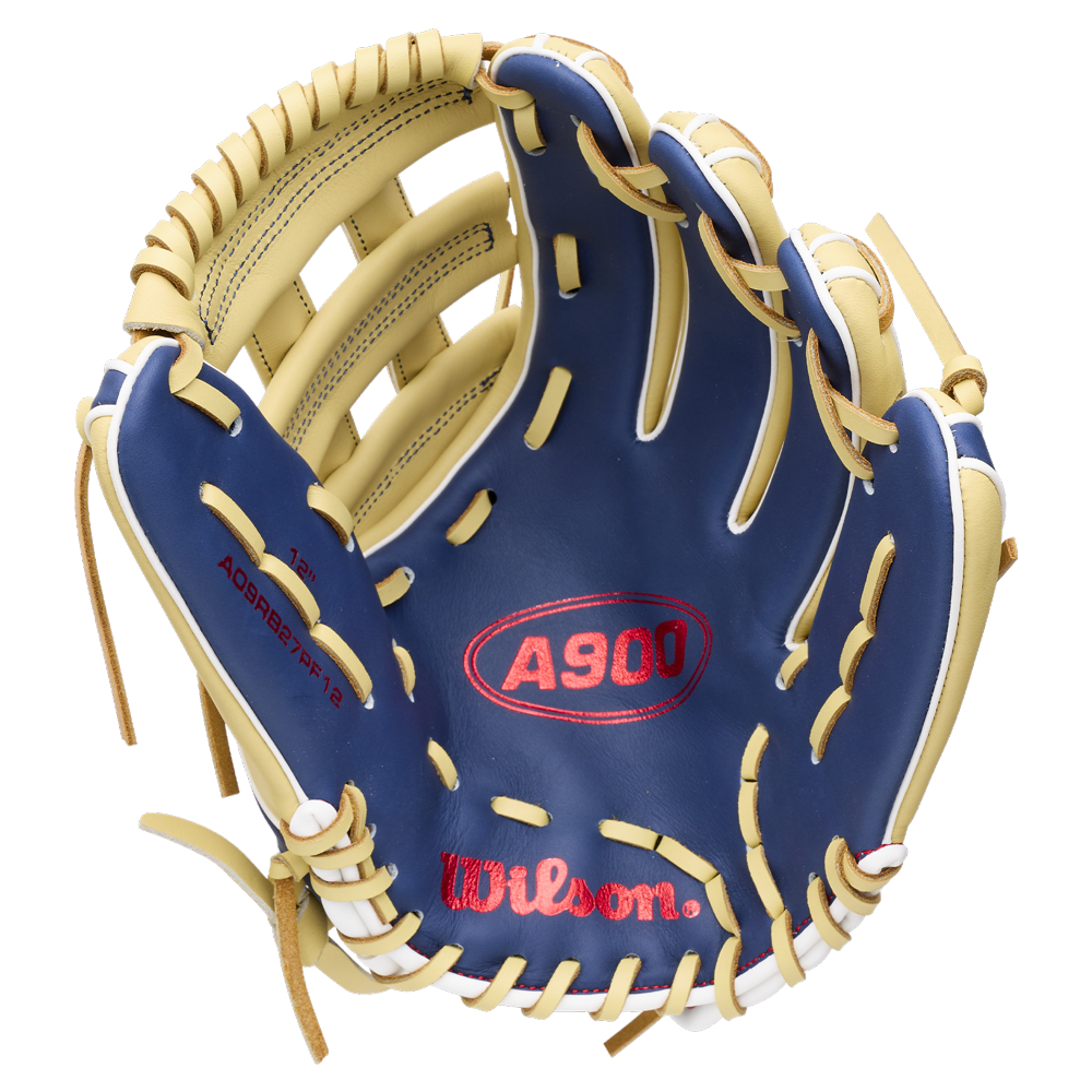Wilson A900 12″ Baseball Glove: WBG04101RT12 in navy blue and tan with red embroidered logos and Pedroia Fit.