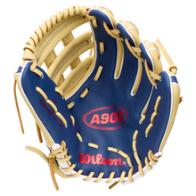 Wilson A900 12″ Baseball Glove: WBG04101RT12 in navy blue and tan with red embroidered logos and Pedroia Fit.