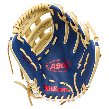Wilson A900 12″ Baseball Glove: WBG04101RT12 in navy blue and tan with red embroidered logos and Pedroia Fit.