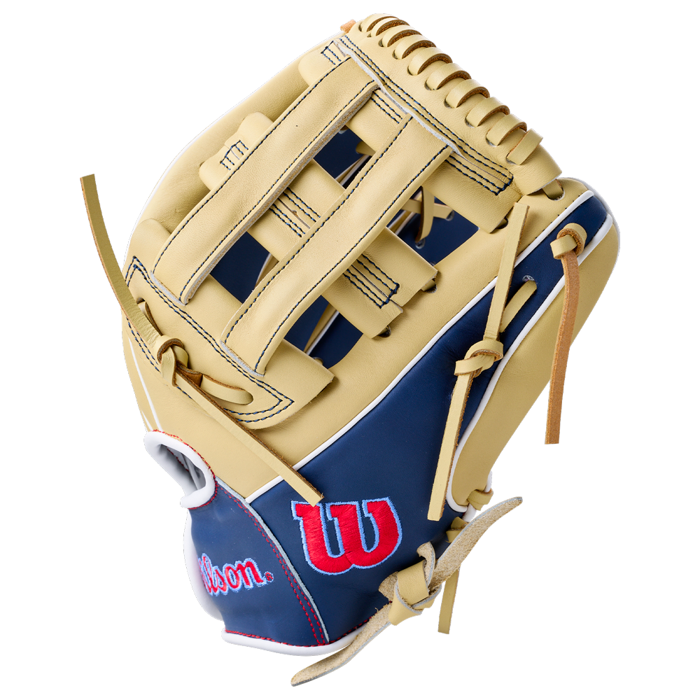 Tan and navy Wilson A900 12″ Baseball Glove: WBG04101RT12 youth baseball glove with a laced web and red logo details.