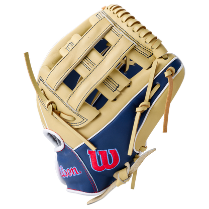 Tan and navy Wilson A900 12″ Baseball Glove: WBG04101RT12 youth baseball glove with a laced web and red logo details.