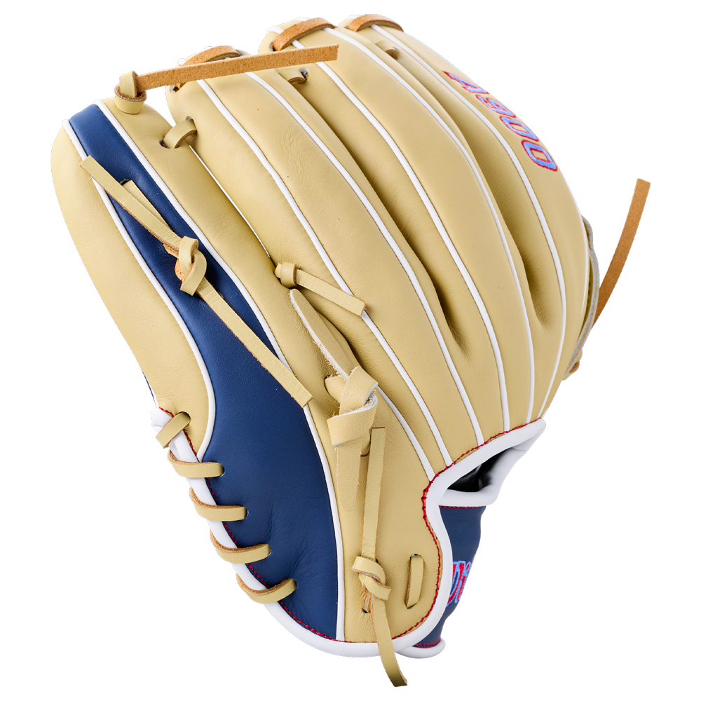 Tan and blue Wilson A900 12″ Baseball Glove: WBG04101RT12 made of full grain leather with leather lacing.