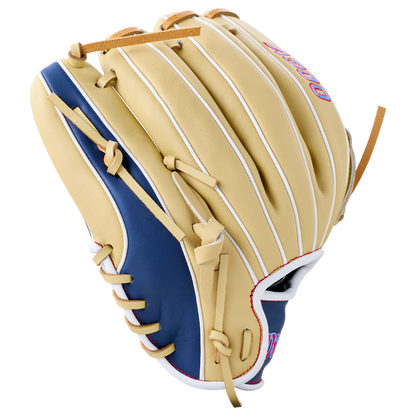 Tan and blue Wilson A900 12″ Baseball Glove: WBG04101RT12 made of full grain leather with leather lacing.