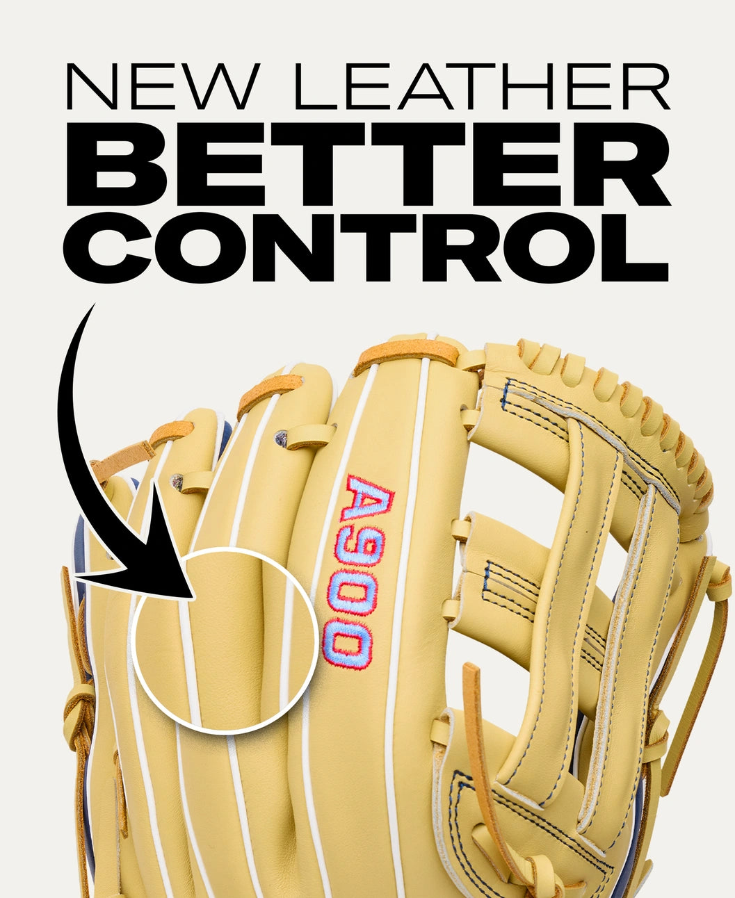 Light tan full-grain leather Wilson A900 12″ Baseball Glove: WBG04101RT12 with a circular inset highlighting the leather texture, overlaid with the text NEW LEATHER BETTER CONTROL.