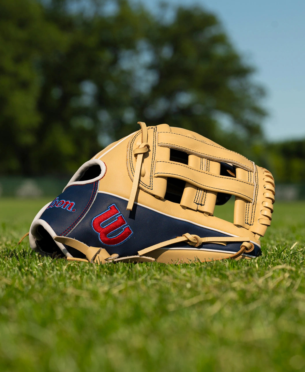 A tan and navy blue Wilson A900 12″ Baseball Glove: WBG04101RT12 resting on a grassy field.