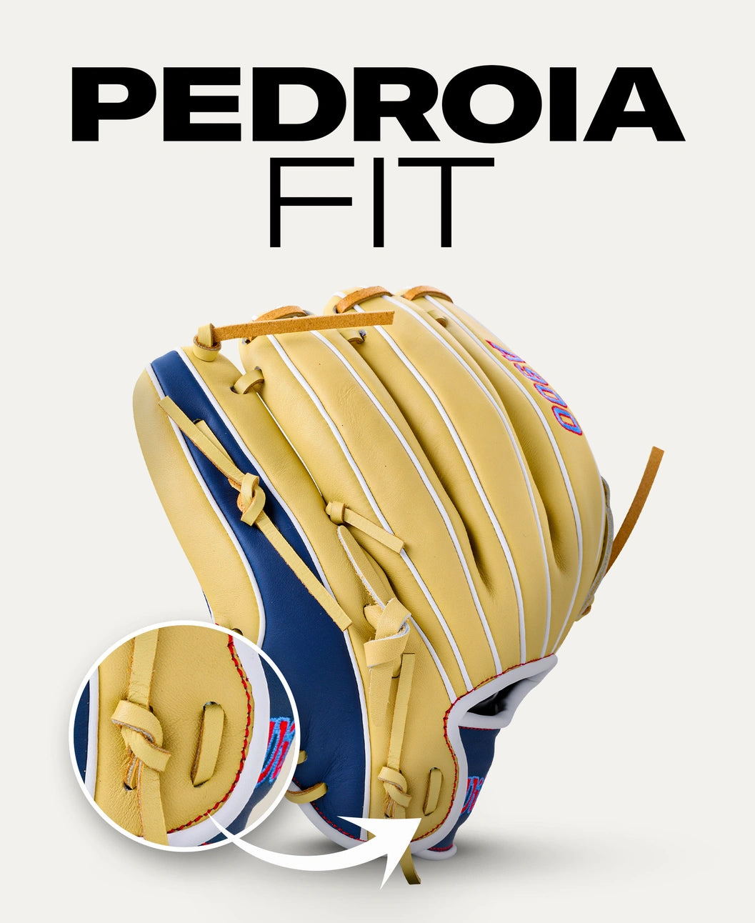 Tan and blue Wilson A900 12″ Baseball Glove: WBG04101RT12 with a callout circle showing a close-up of the lacing, positioned below the text PEDROIA FIT.