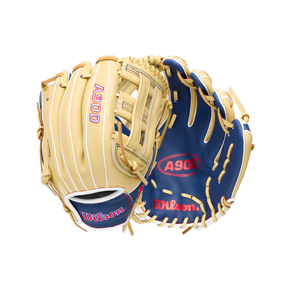 Two tan and blue Wilson A900 12″ Baseball Glove: WBG04101RT12 baseball gloves showing the front and back, both labeled with A900 and the brand name in red.