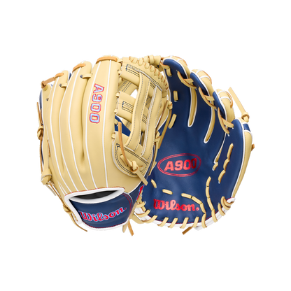 Two tan and blue Wilson A900 12″ Baseball Glove: WBG04101RT12 baseball gloves showing the front and back, both labeled with A900 and the brand name in red.