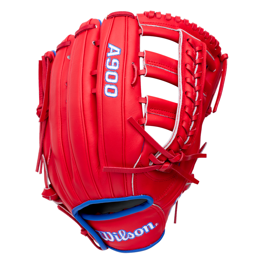 Wilson A900 12.25″ Baseball Glove: WBG04201RT1225 in red with white lacing and blue trim, featuring the model name on the back and a blue logo on the wrist strap of this full grain leather glove.