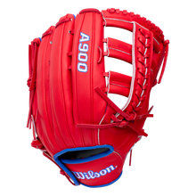 Wilson A900 12.25″ Baseball Glove: WBG04201RT1225 in red with white lacing and blue trim, featuring the model name on the back and a blue logo on the wrist strap of this full grain leather glove.