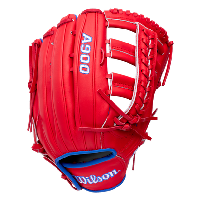 Wilson A900 12.25″ Baseball Glove: WBG04201RT1225 in red with white lacing and blue trim, featuring the model name on the back and a blue logo on the wrist strap of this full grain leather glove.
