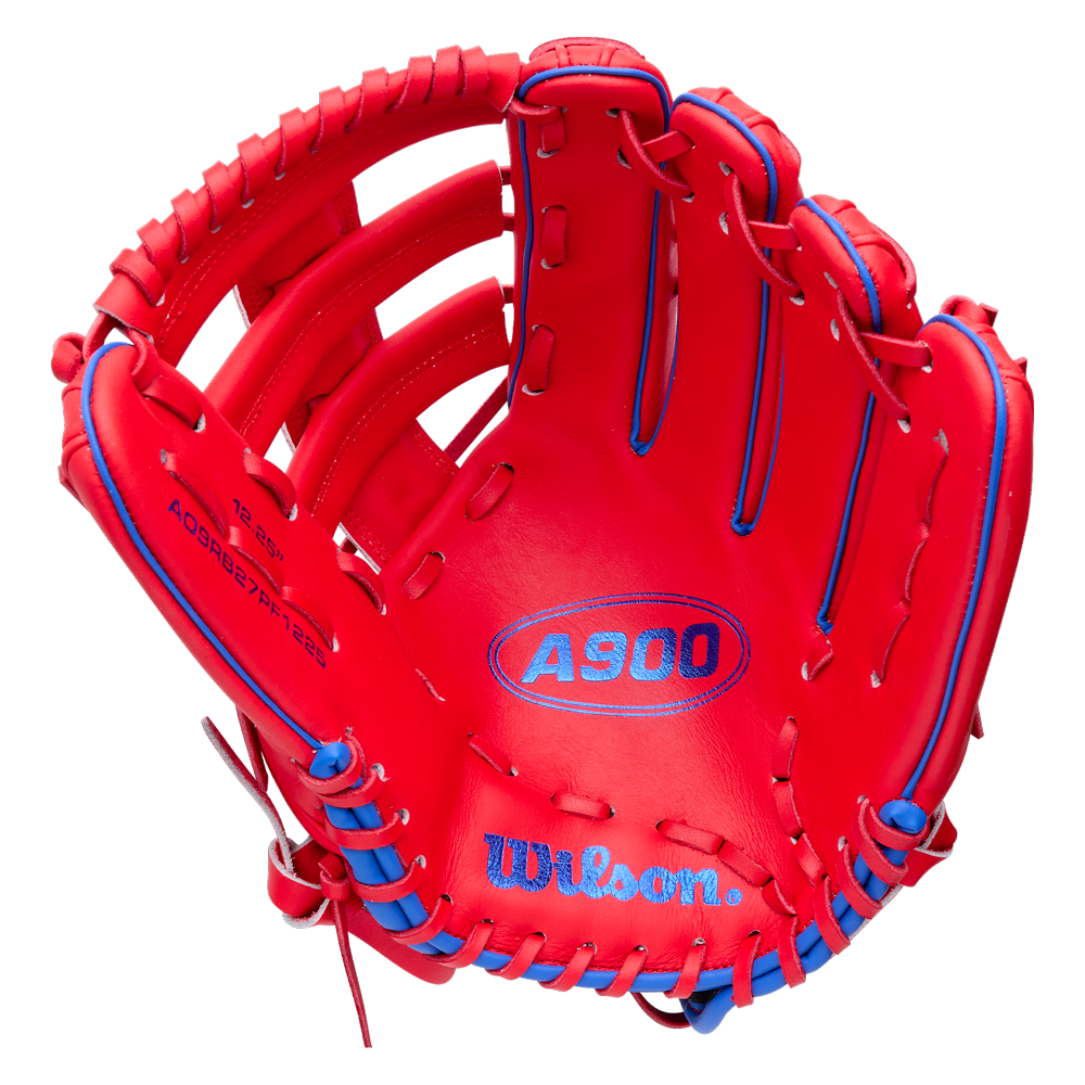 Wilson A900 12.25″ Baseball Glove: WBG04201RT1225 in red with blue laces and blue branding.