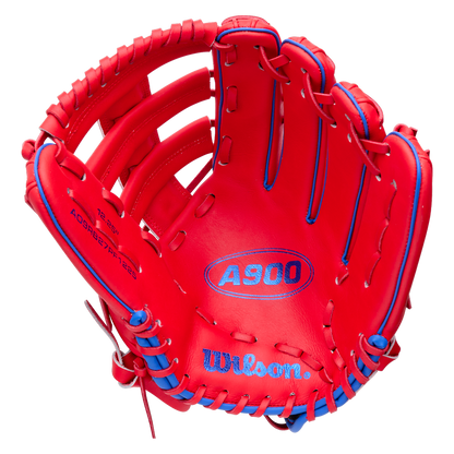 Wilson A900 12.25″ Baseball Glove: WBG04201RT1225 in red with blue laces and blue branding.
