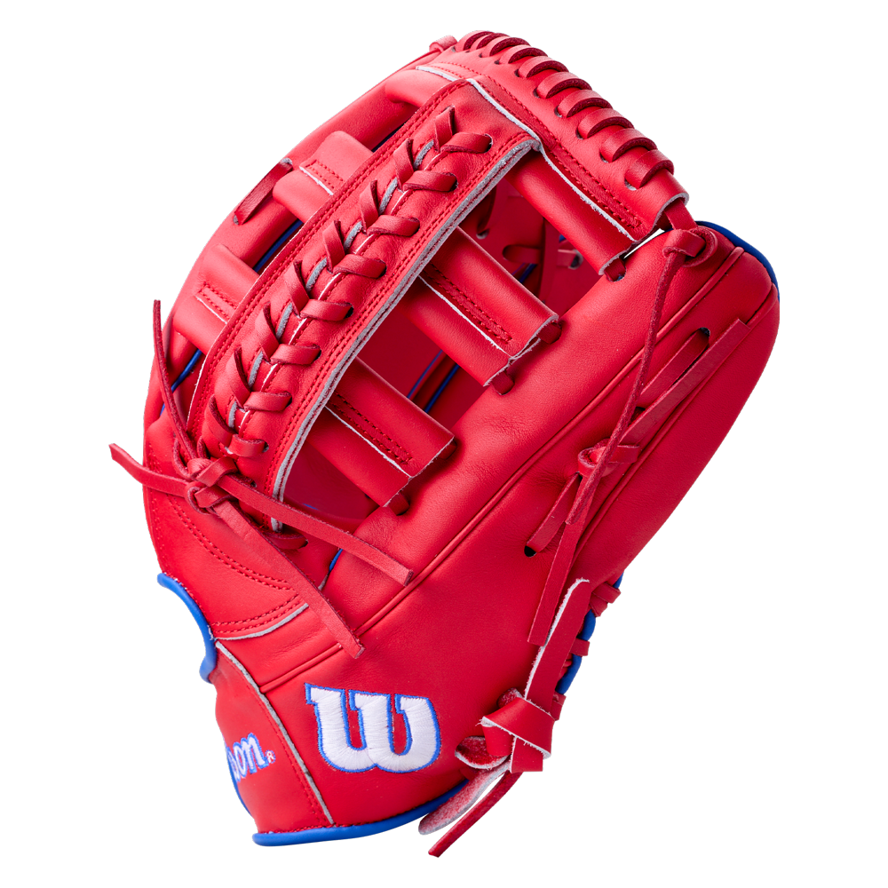 Wilson A900 12.25″ Baseball Glove: WBG04201RT1225 in red with white lacing and blue trim.
