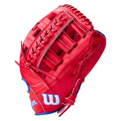 Wilson A900 12.25″ Baseball Glove: WBG04201RT1225 in red with white lacing and blue trim.